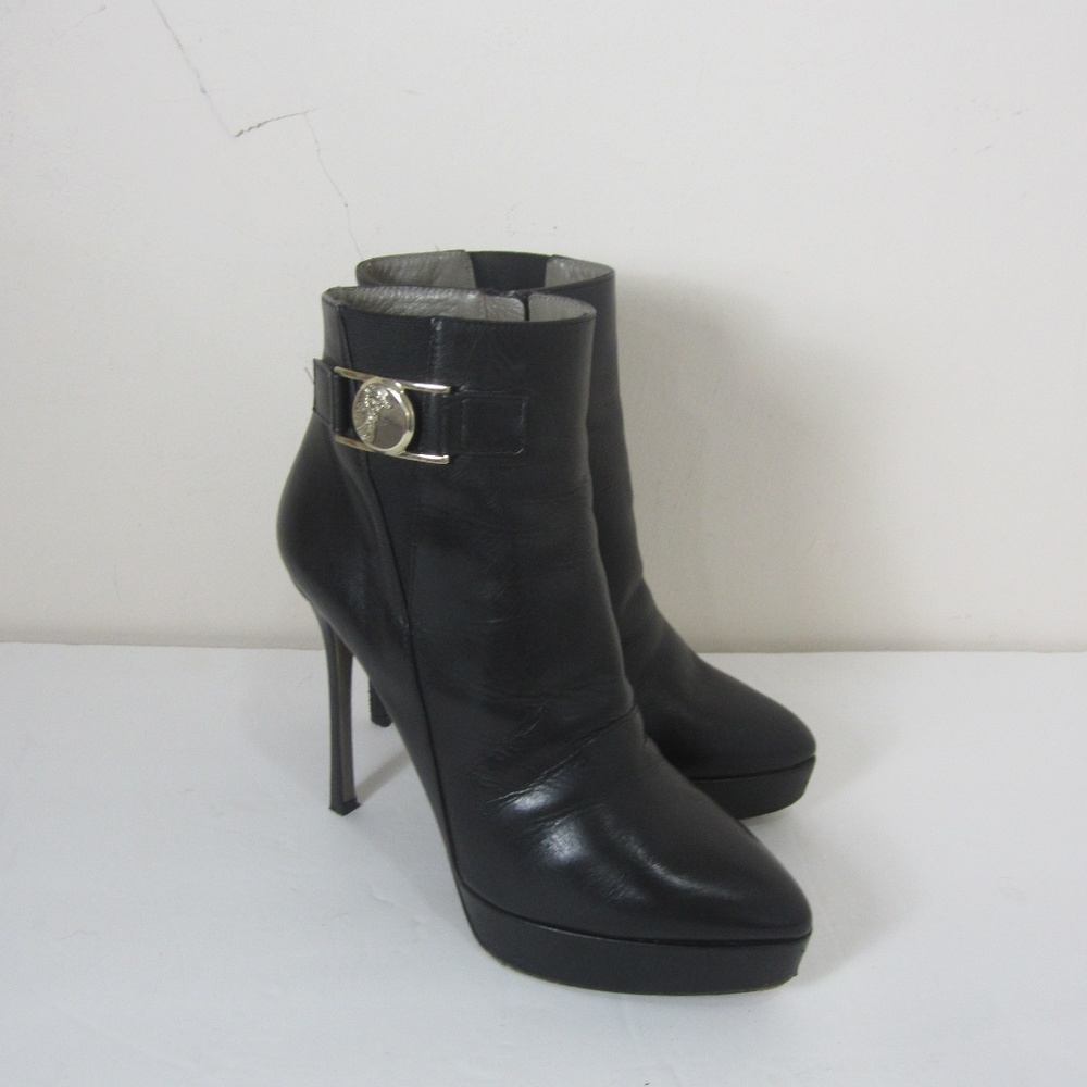 Versace Black Leather Platform Ankle Boots with Silver Medallion